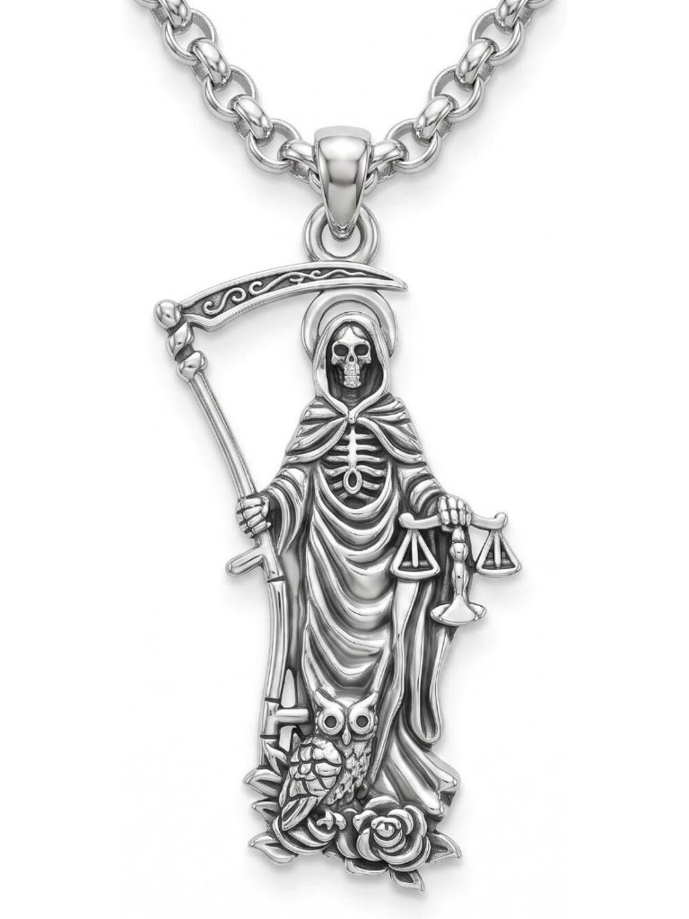 Gothic Santa Muerte Necklace with Grim Reaper Pendant, Scythe & Owl Charm